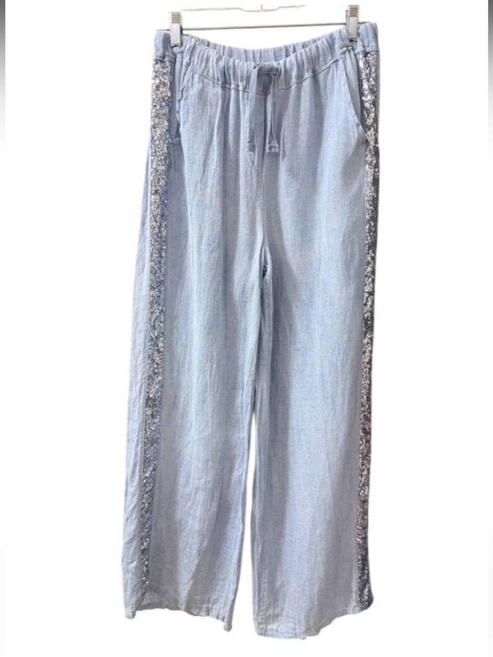 Saks Fifth Avenue 100% Linen Chambray Blue Wide-Leg Sequin-Trim Pants Medium